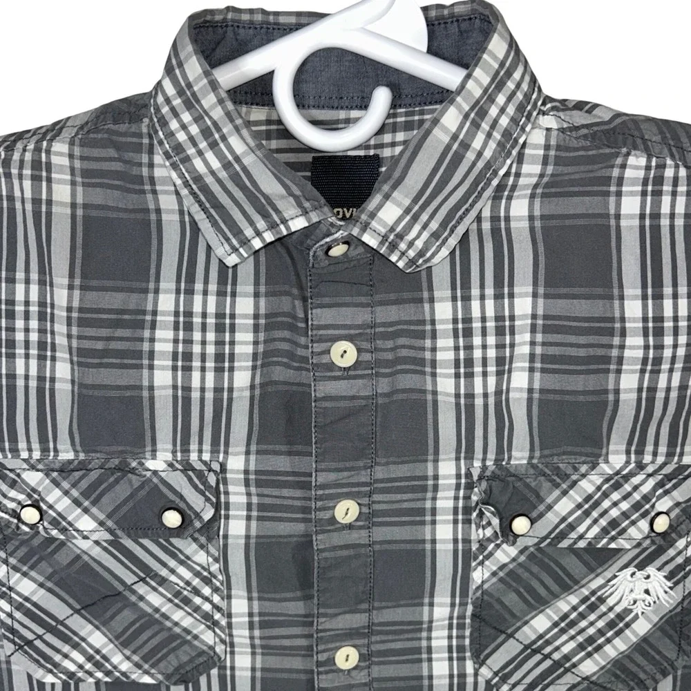 Soviet Men's XL‎ Plaid Button Up Shirt Long Sleeve Gray Western Pockets Pearl